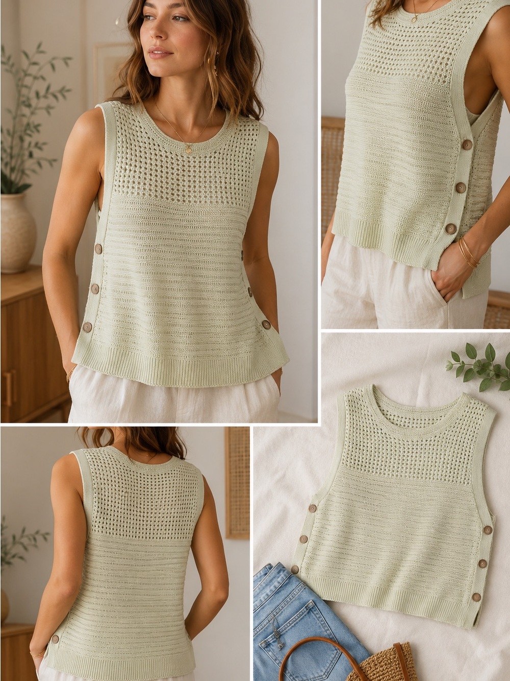 Banana Republic Sage Green Crochet Knit Vest Side Button Cotton Sweater Tank M